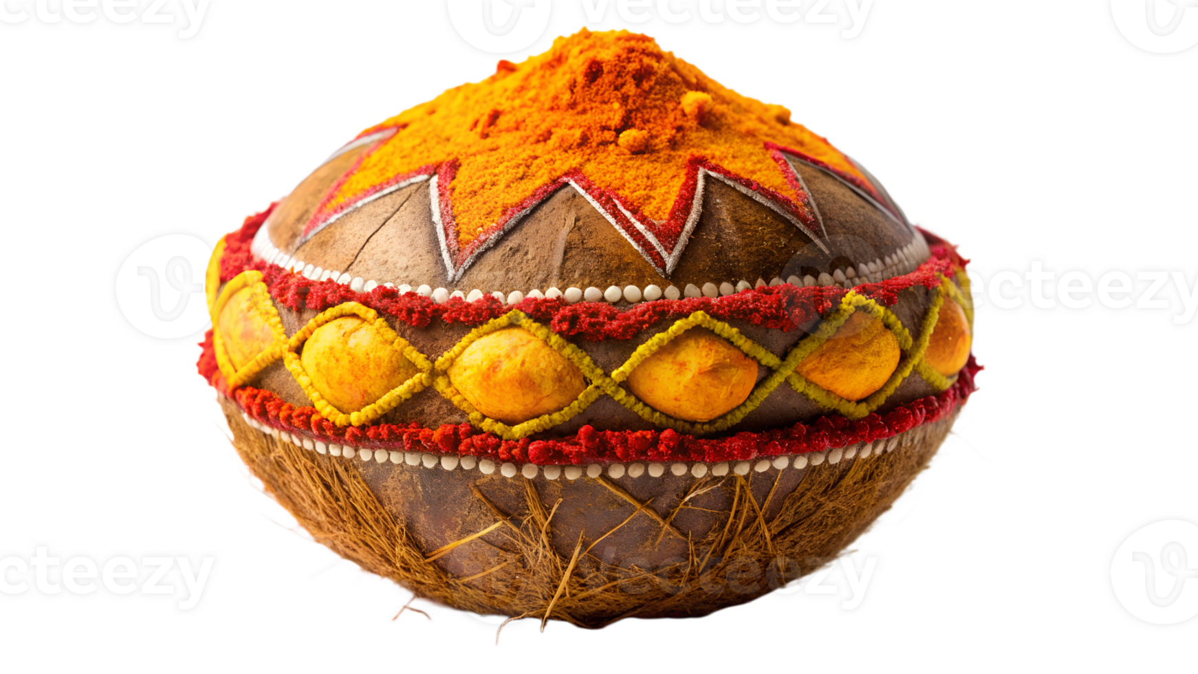Traditional decorative bowl with spices and colors, cut out transparent png