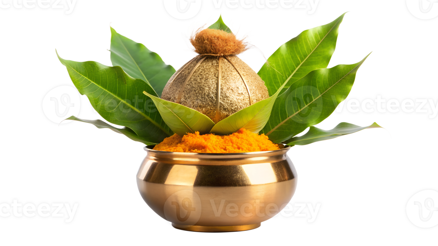 Elegant brass pot with turmeric and leaves, cut out transparent png