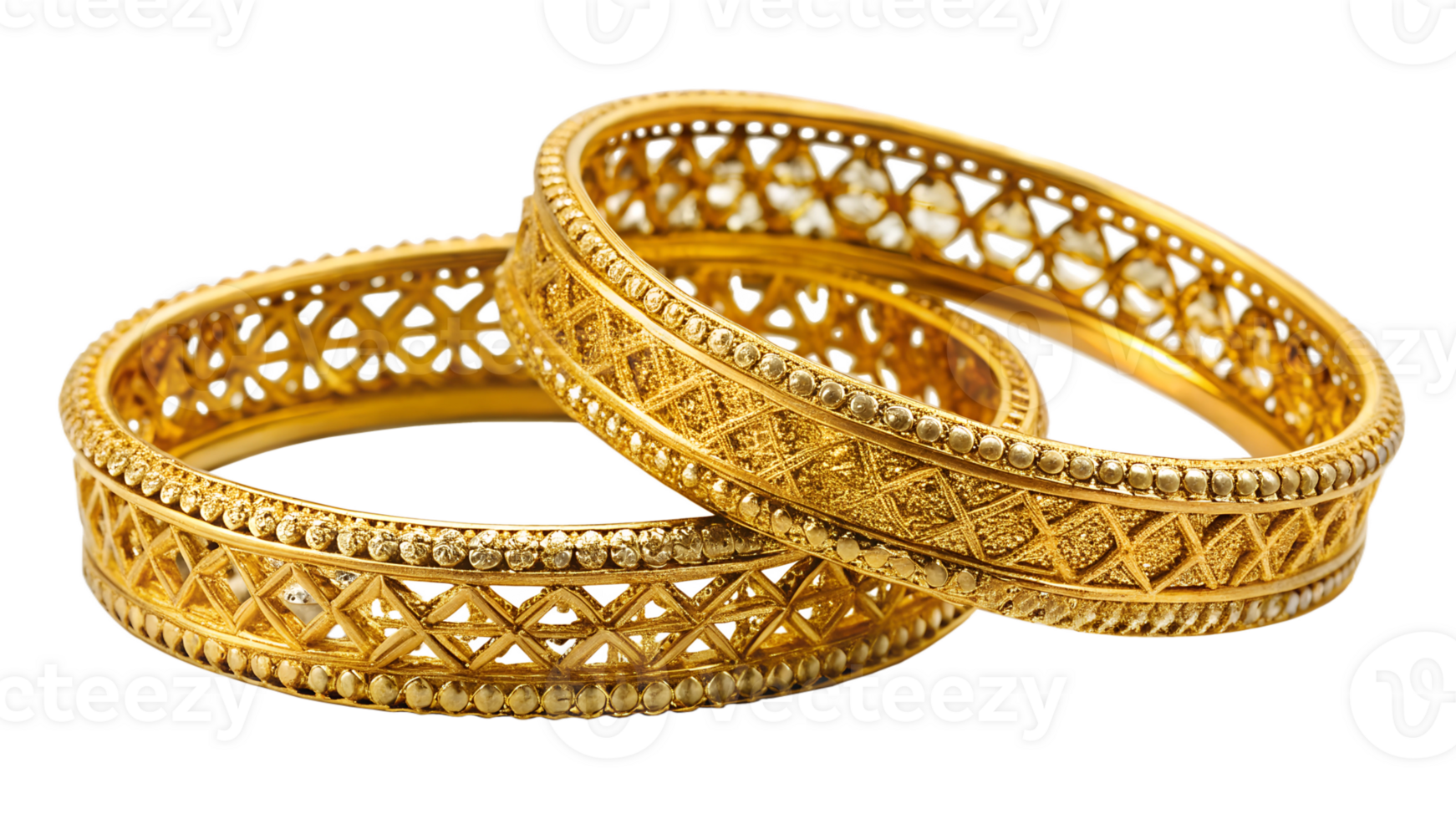 Elegant golden bangles with intricate designs, cut out transparent png
