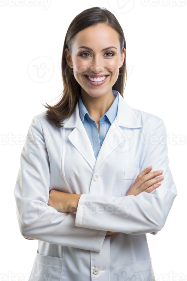 Smiling healthcare professional in a white coat, cut out transparent png