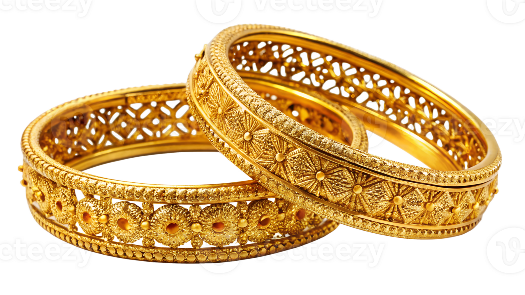 Intricate gold bangles on display, cut out transparent png