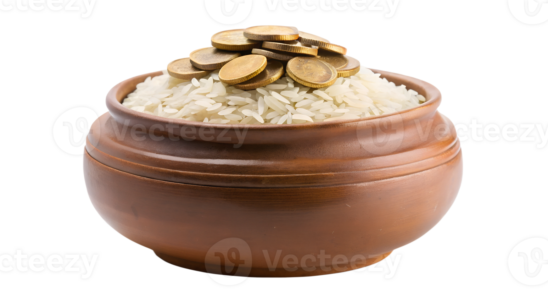 Rice bowl with coins representing prosperity, cut out transparent png