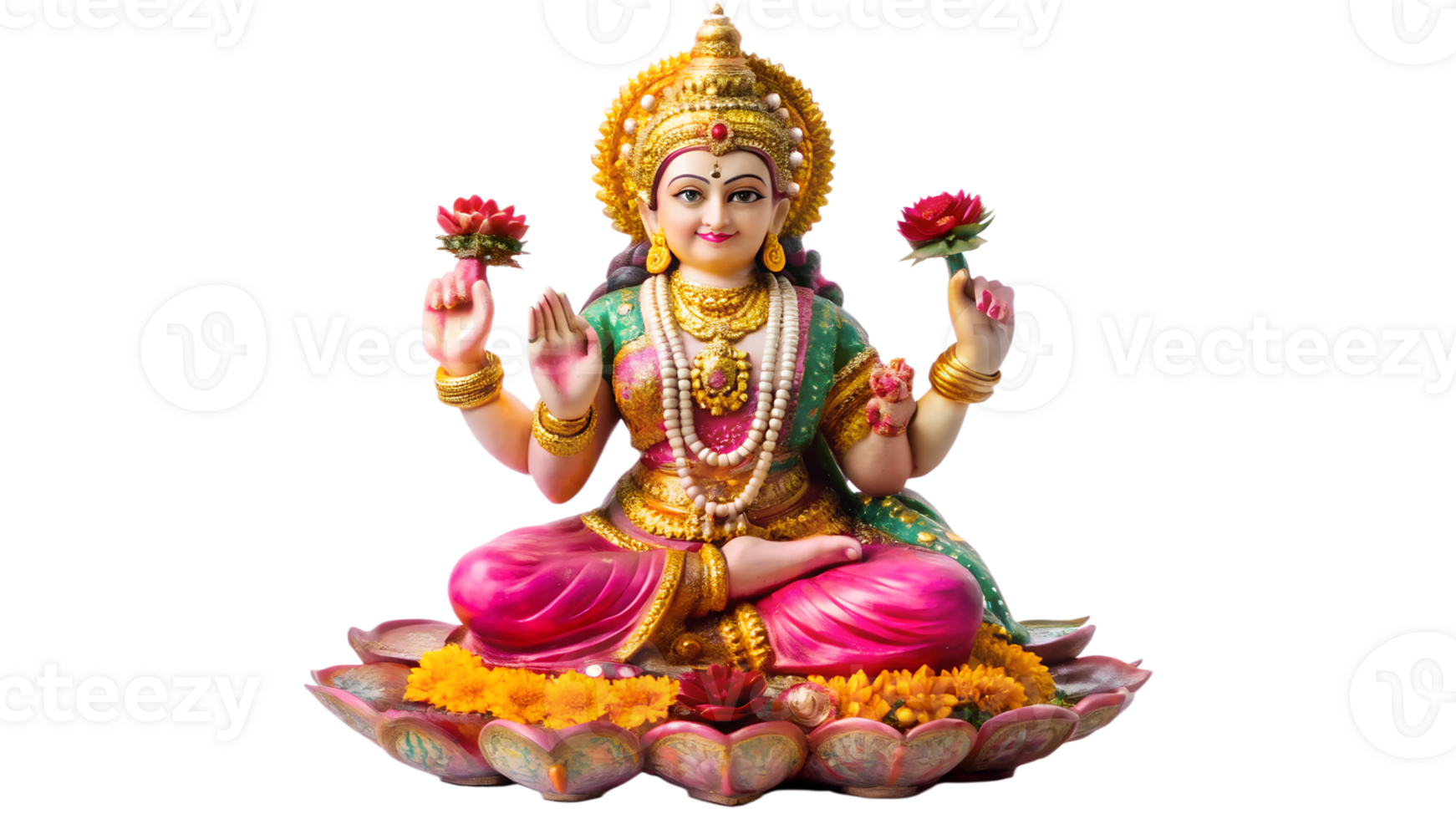Lakshmi on lotus, flowers in hand, cut out transparent png