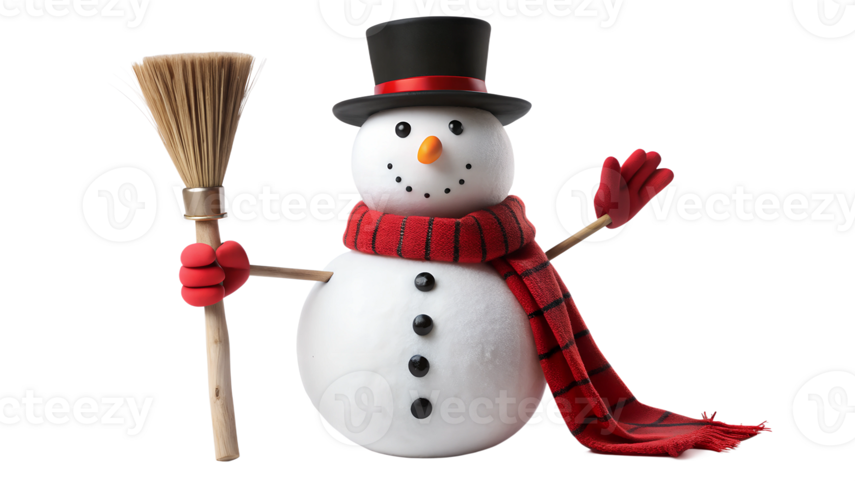 Cheerful snowman waving with a broom and scarf, cut out transparent png