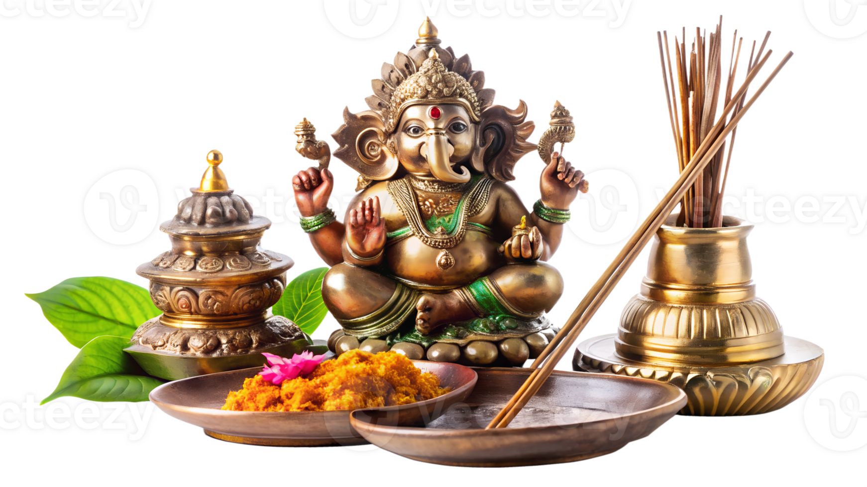 Ganesh idol with festive offerings, cut out transparent png