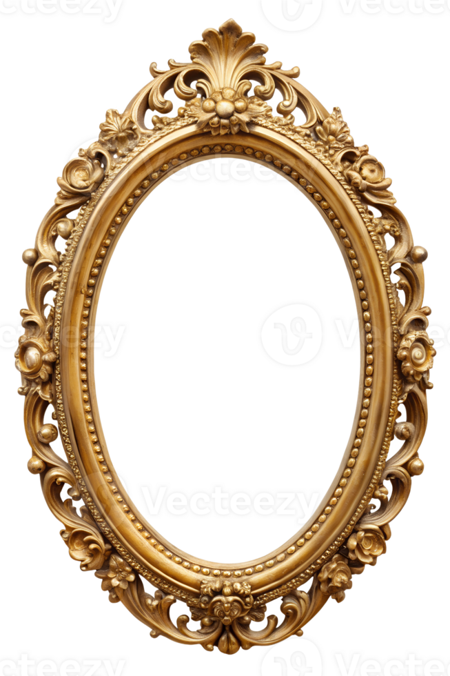 Ornate oval frame showcasing intricate gold design, cut out transparent png
