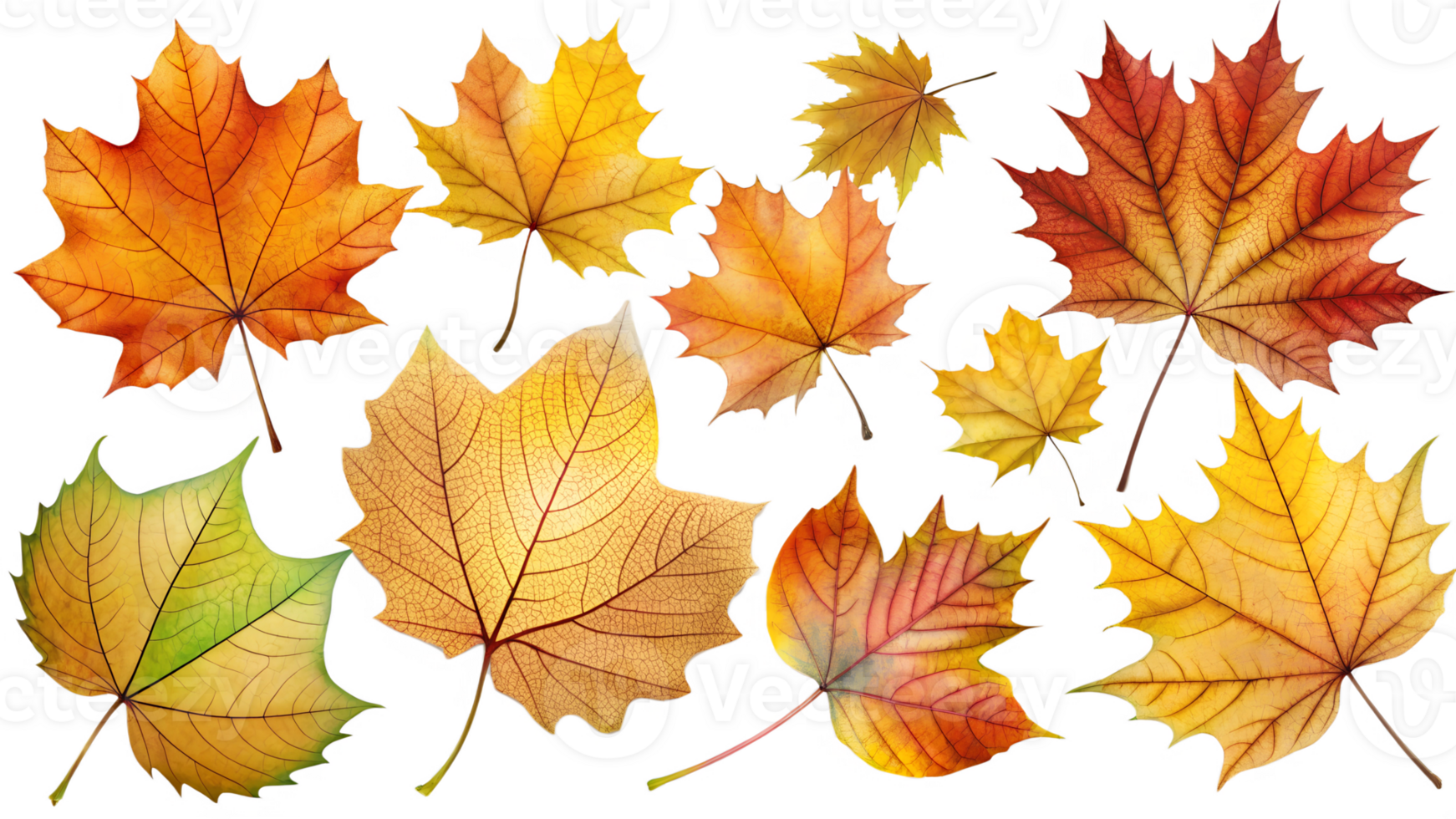 Colorful autumn leaves in various shapes and sizes, cut out transparent png