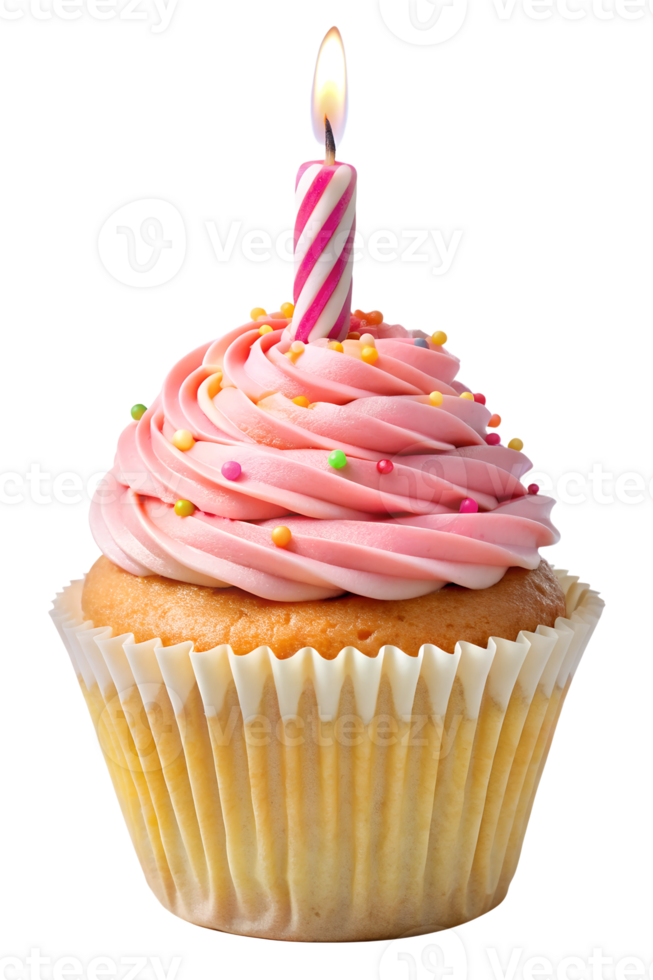 Pink-frosted birthday cupcake with a candle, cut out transparent png