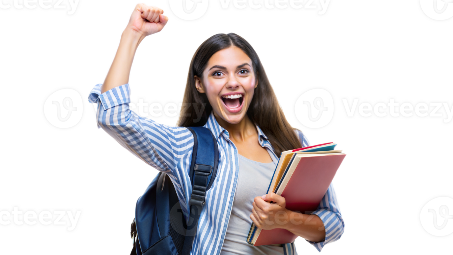 Student celebrates academic achievement with books, cut out transparent png