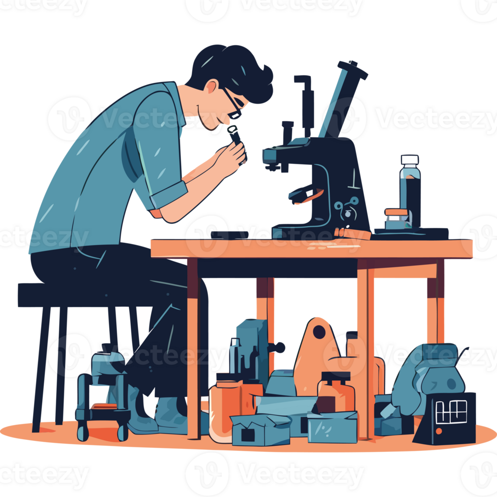 A man is looking through a microscope at his desk png