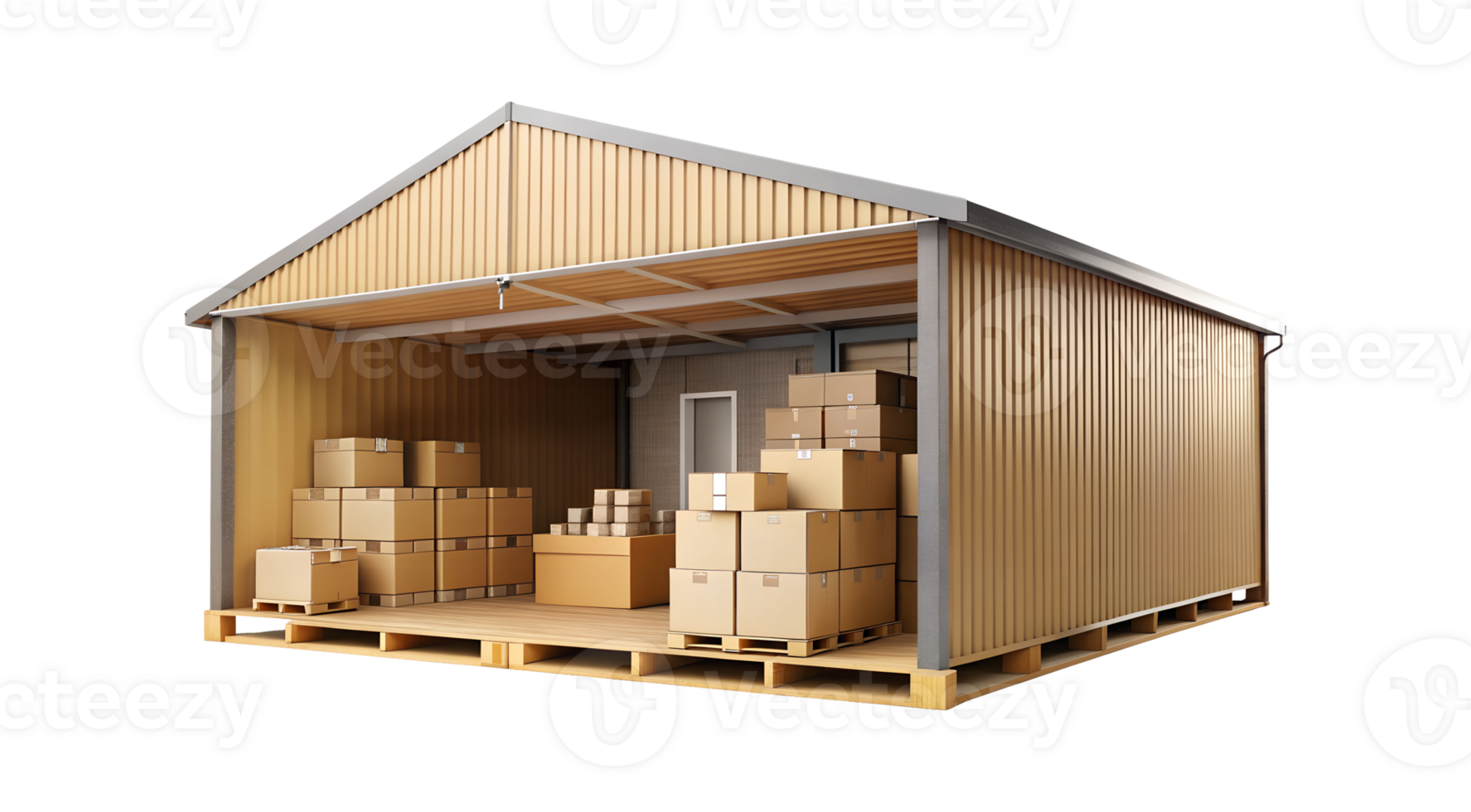 Storage facility with stacked boxes in a warehouse, cut out transparent png