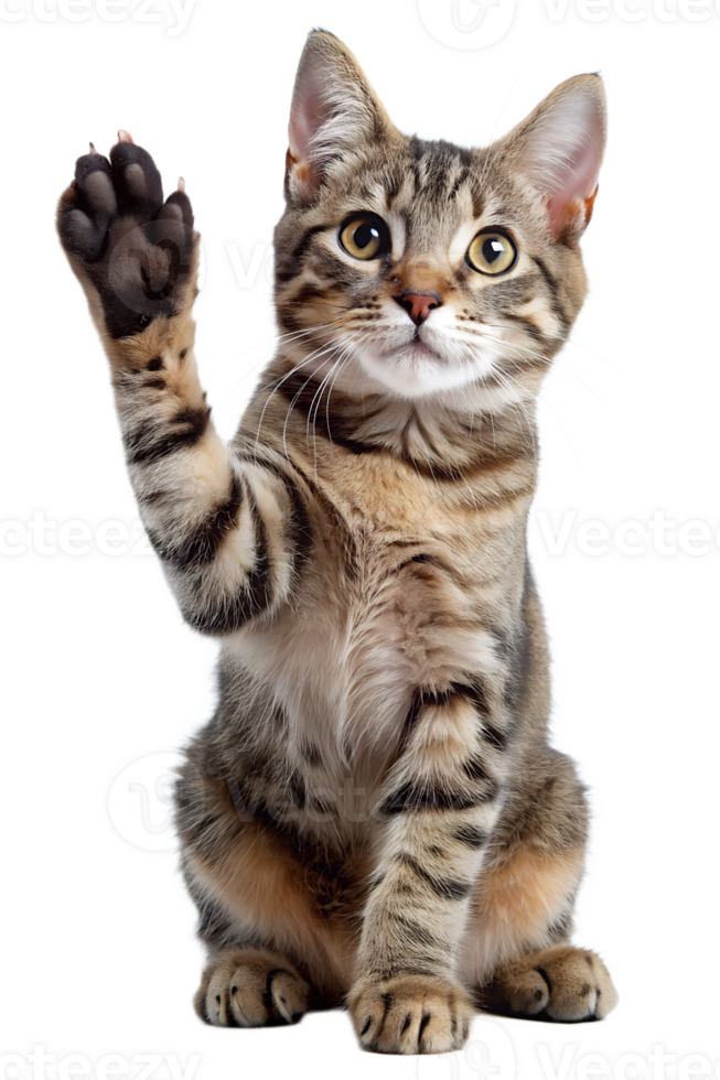 Cute tabby cat waving its paw in a playful manner, cut out transparent png