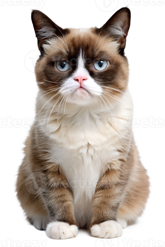 Grumpy cat with blue eyes relaxes inside, cut out transparent png