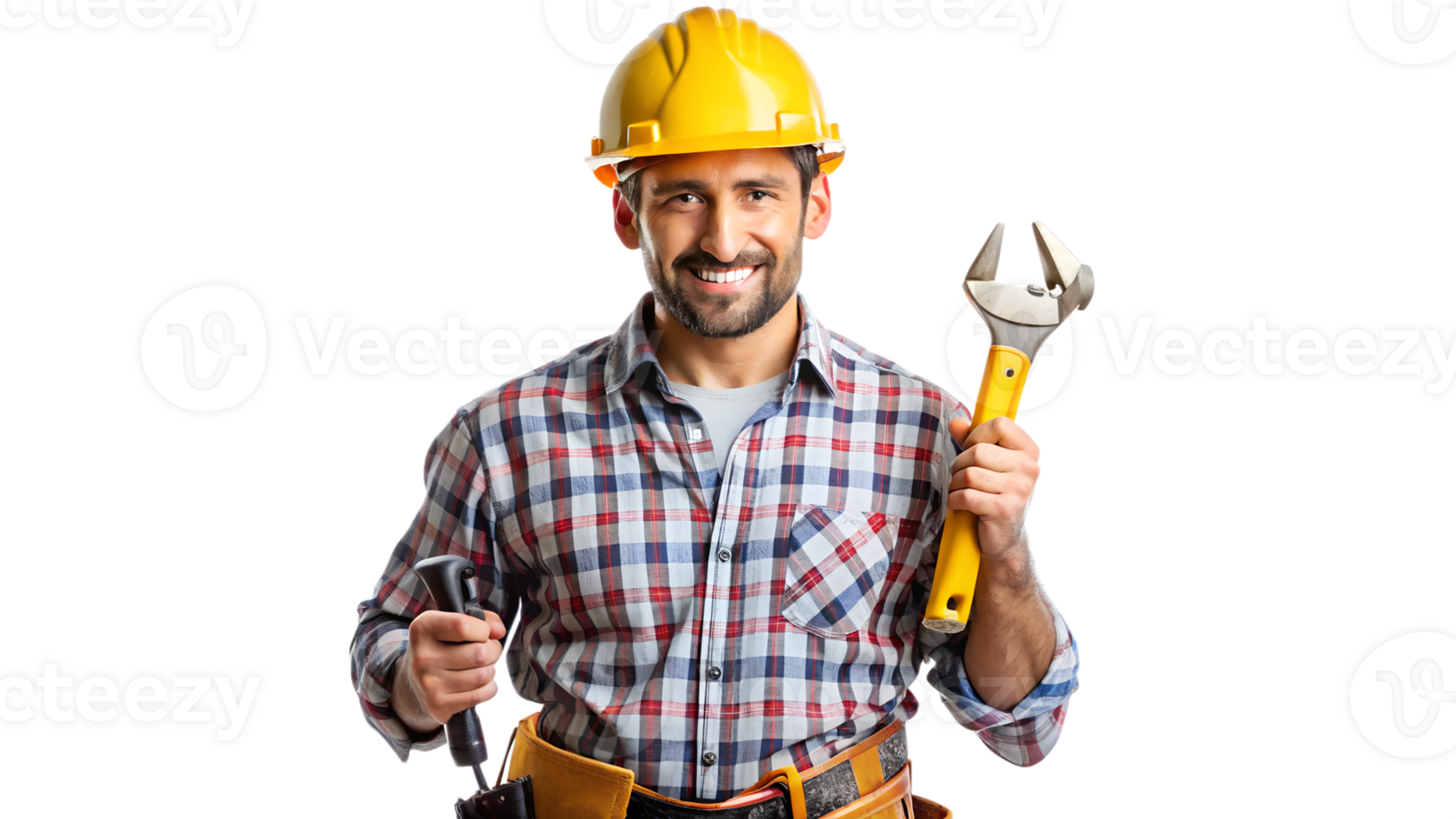 Worker smiles with tools in studio, cut out transparent png