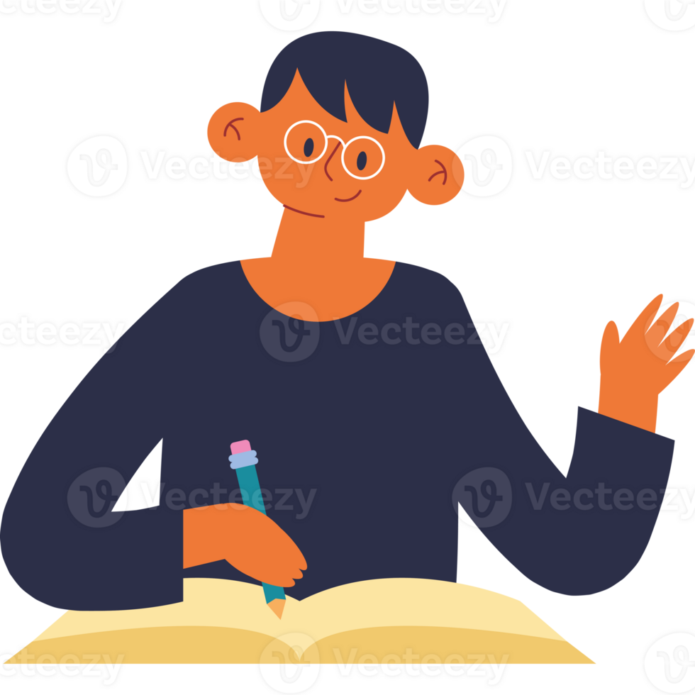 A man with glasses is writing on a book png
