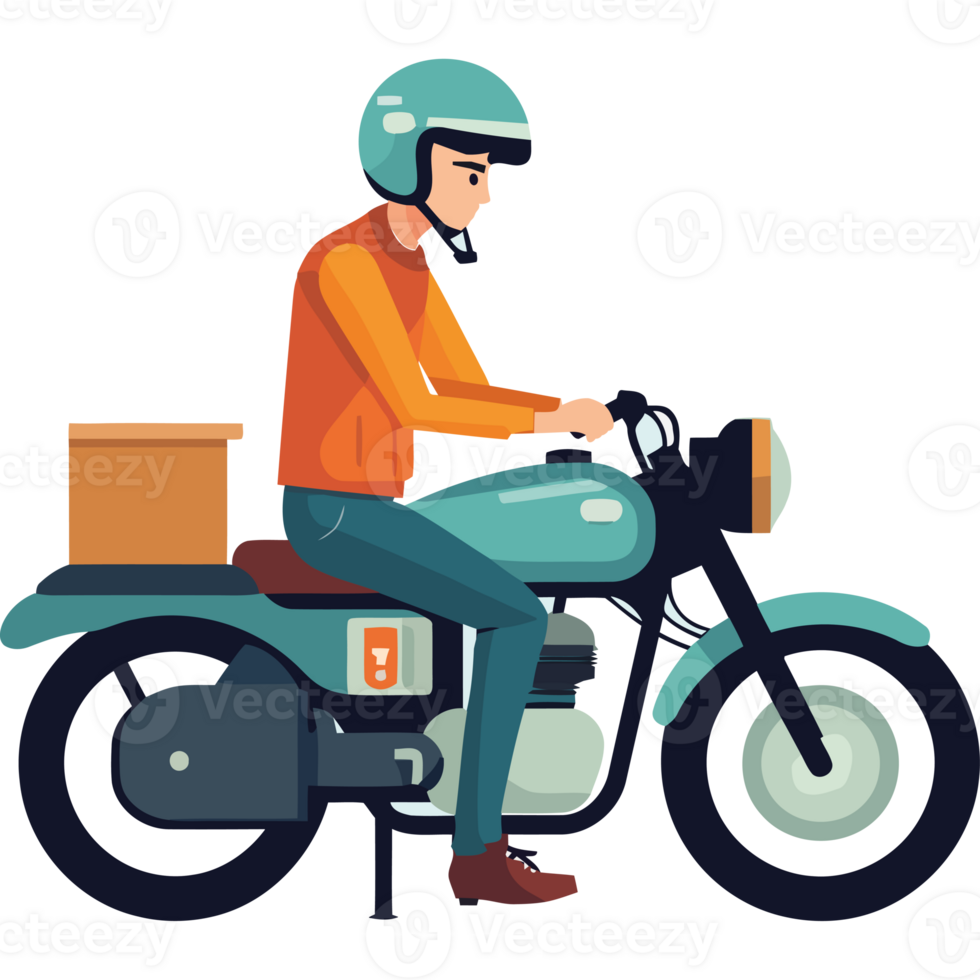A man on a motorcycle with a box on the back png