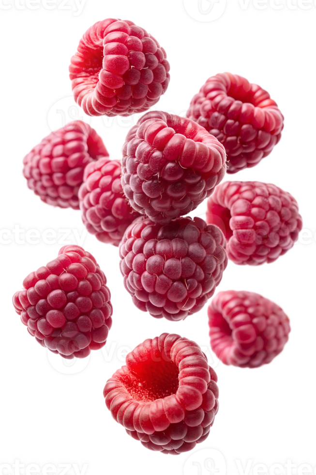 Vibrant raspberries cascading down, cut out transparent png