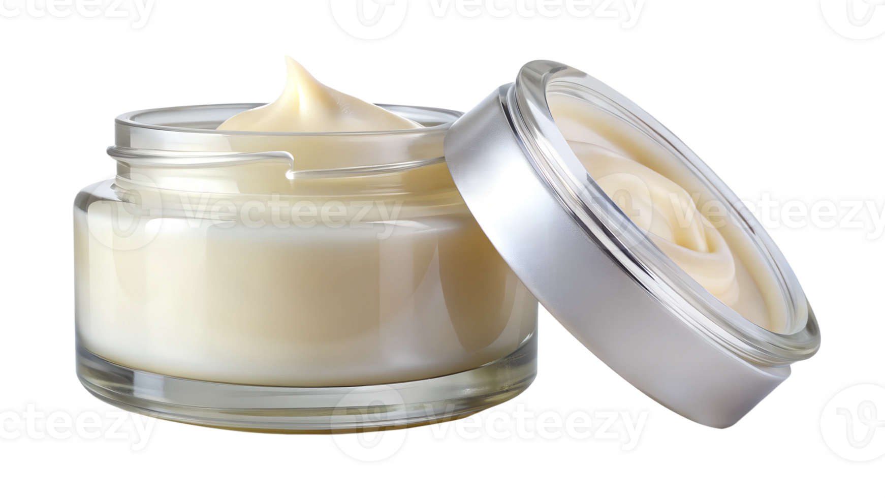 Natural cream in a glass jar with a silver lid, cut out transparent png