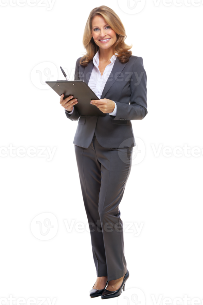 Smiling professional with clipboard, cut out transparent png