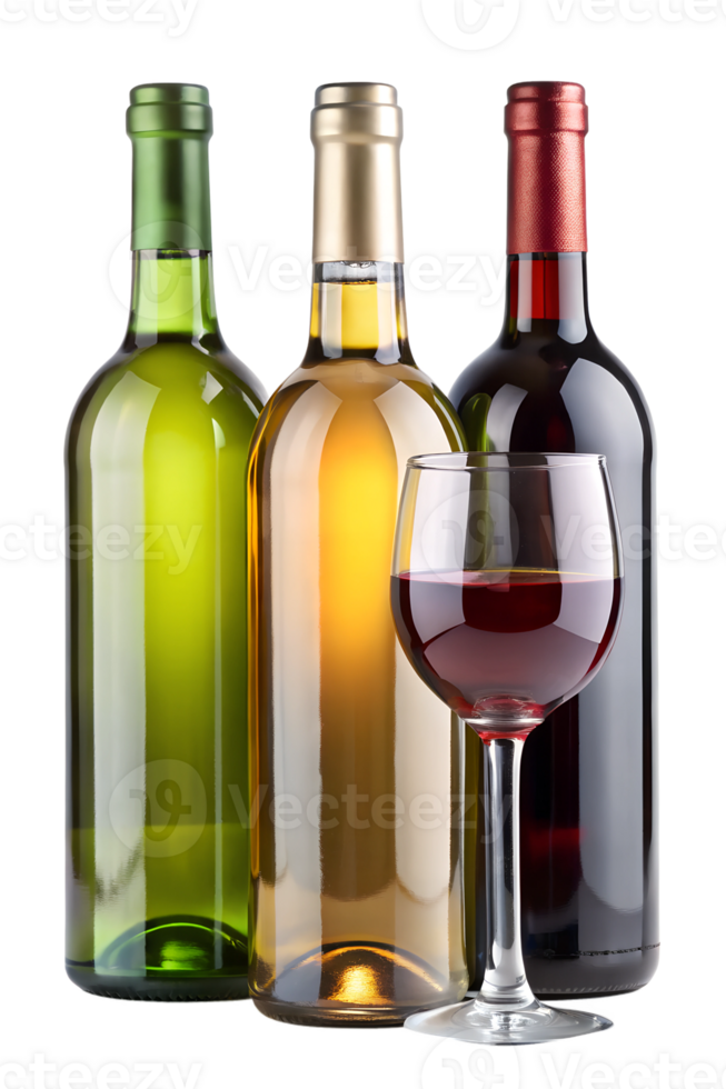Wine bottles and a glass on a neutral backdrop, cut out transparent png