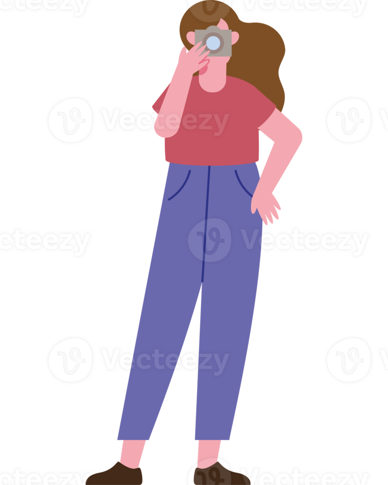 A woman holding a camera and looking at the camera png