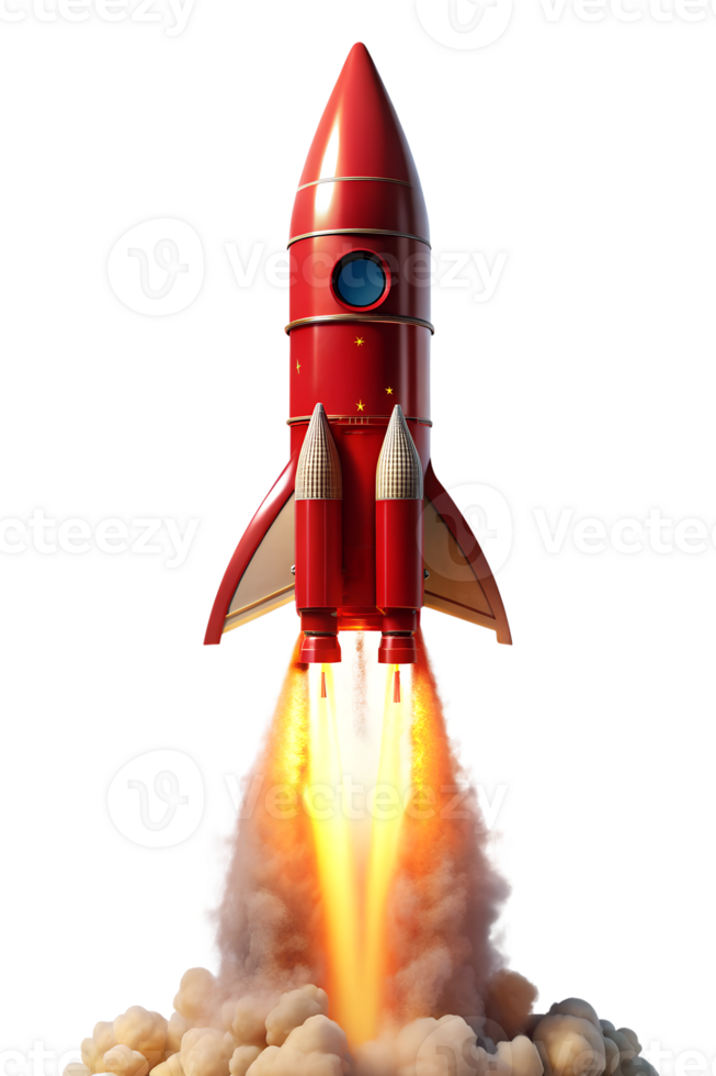 Red rocket blasts off with fierce flames, cut out transparent png
