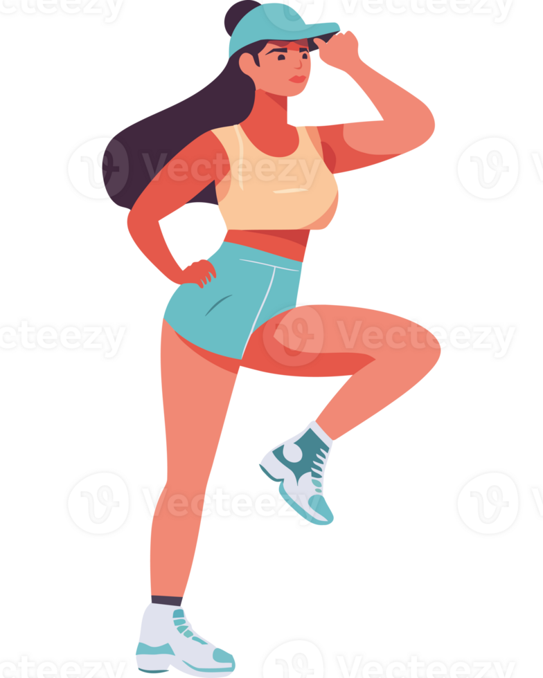 A woman in shorts and a cap is doing a dance png