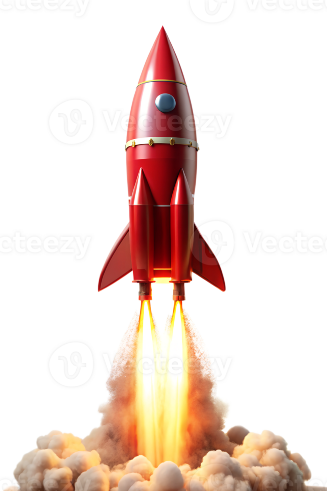 Red rocket launching against a white background, cut out transparent png