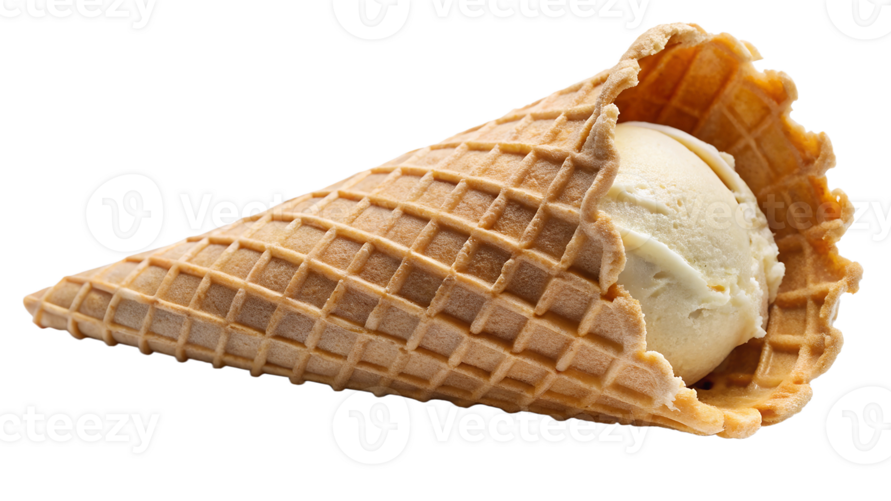 Delicious vanilla ice cream in a waffle cone, cut out transparent png