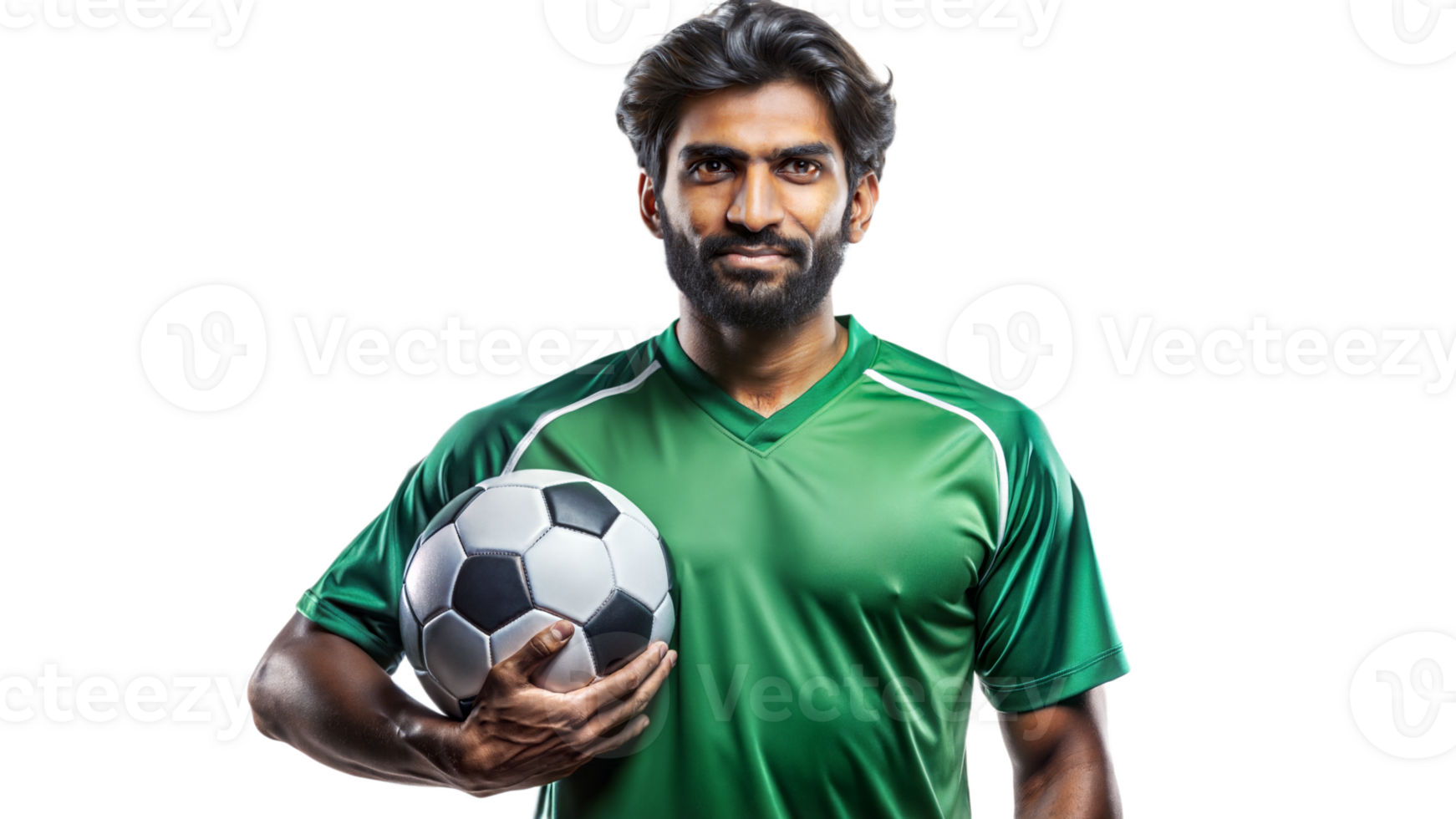 Soccer player holding a ball in a green jersey, cut out transparent png