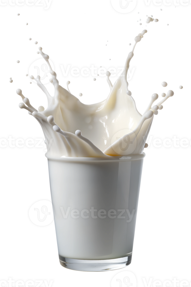 Milk splashing in a glass during dynamic pour, cut out transparent png