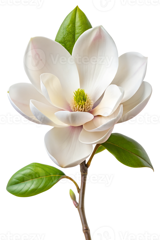 Beautiful white magnolia bloom with green leaves, cut out transparent png