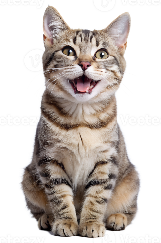 Happy tabby cat smiling against a white background, cut out transparent png