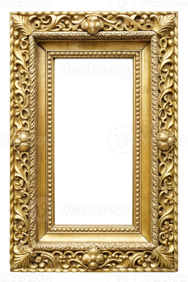 Ornate gold frame for artwork display, cut out transparent png