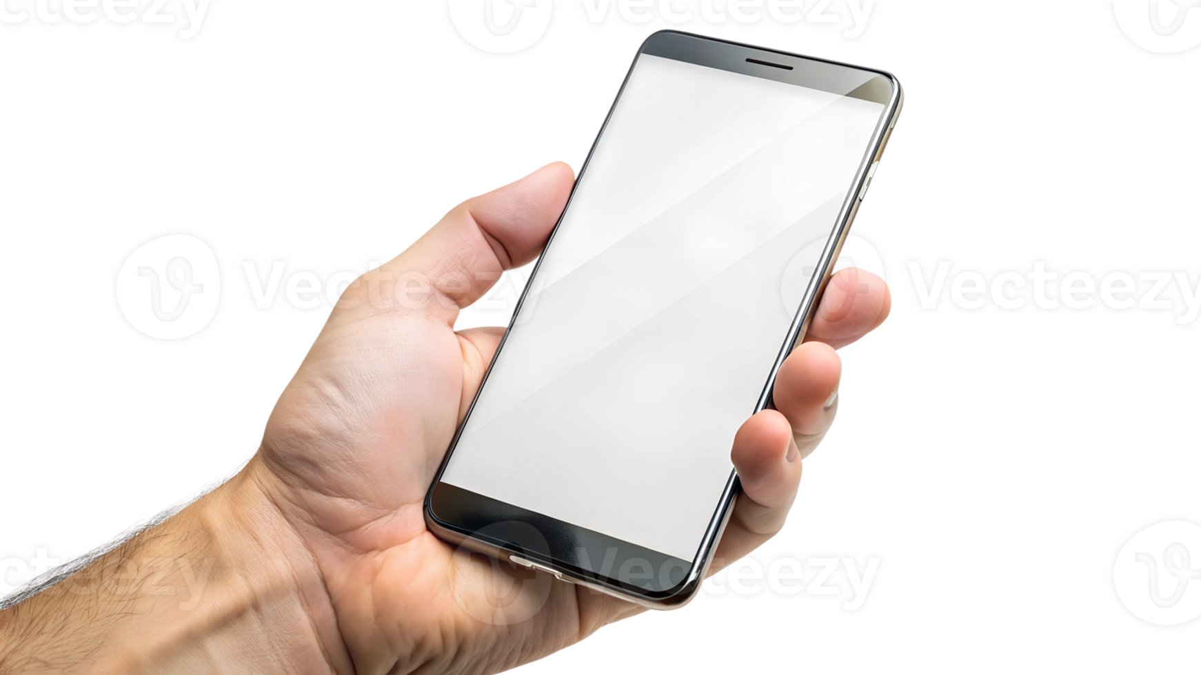 Hand with blank smartphone on white, cut out transparent png
