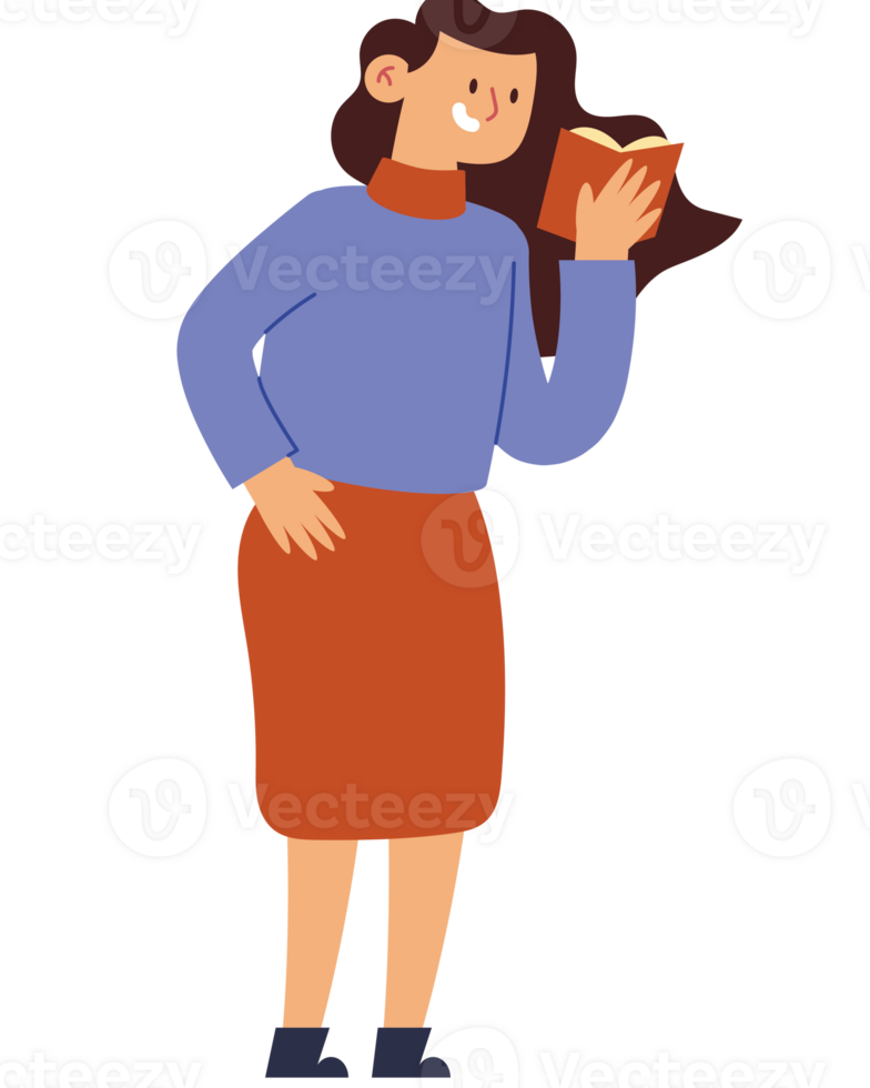 A woman reading a book in a cartoon style png