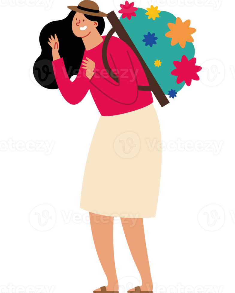 A woman with a backpack and flowers png