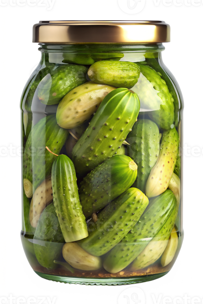 Brightly colored pickles preserved in a glass jar, cut out transparent png