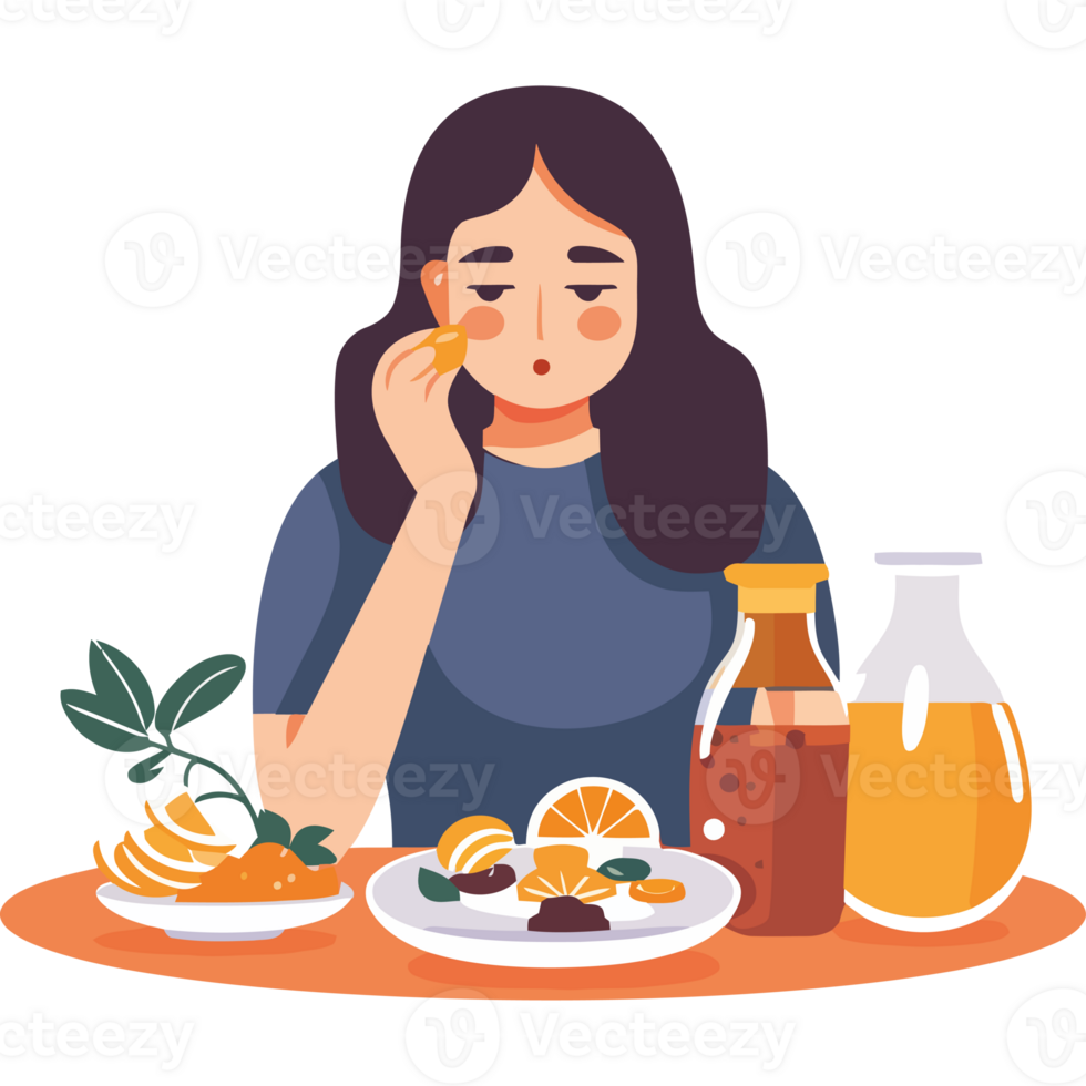 A woman eating oranges and drinking juice png