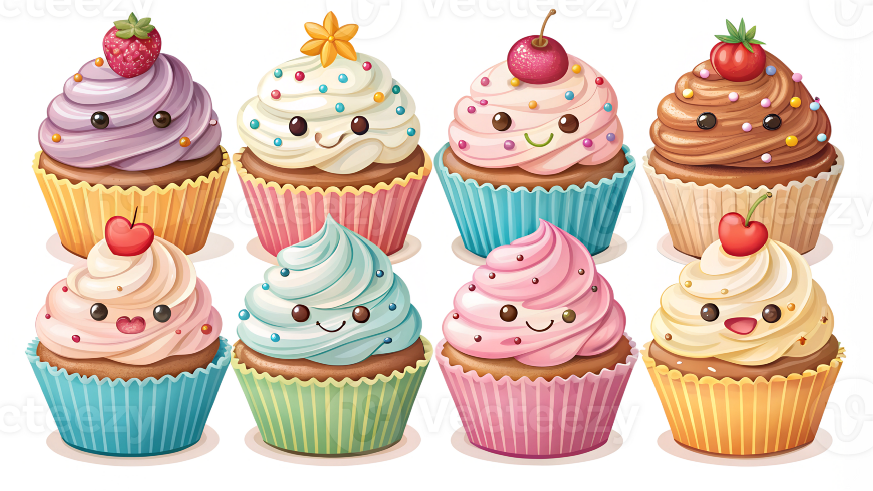 Cheerful display of colorful cupcakes, cut out transparent png