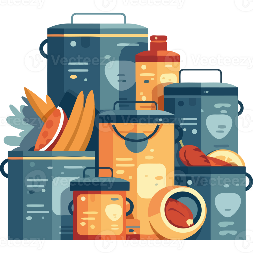 A stack of cans and bottles with food png