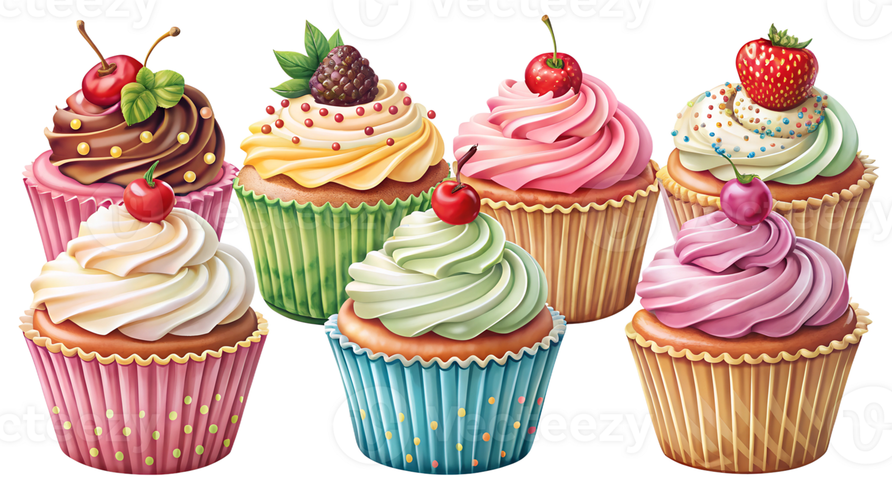 Colorful cupcakes with frosting and fruit, cut out transparent png