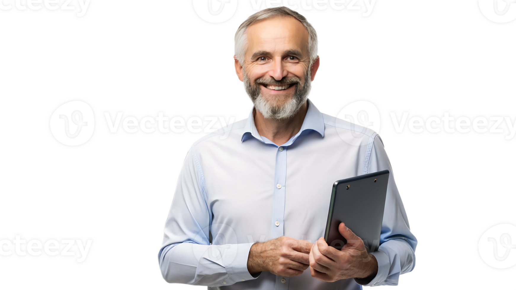 Happy senior man holding a clipboard and smiling, cut out transparent png