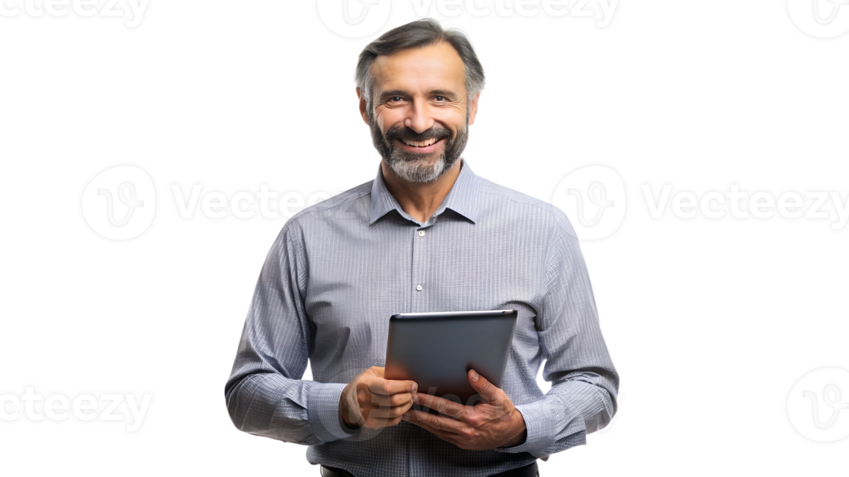 Man in a shirt smiles with a tablet indoors, cut out transparent png
