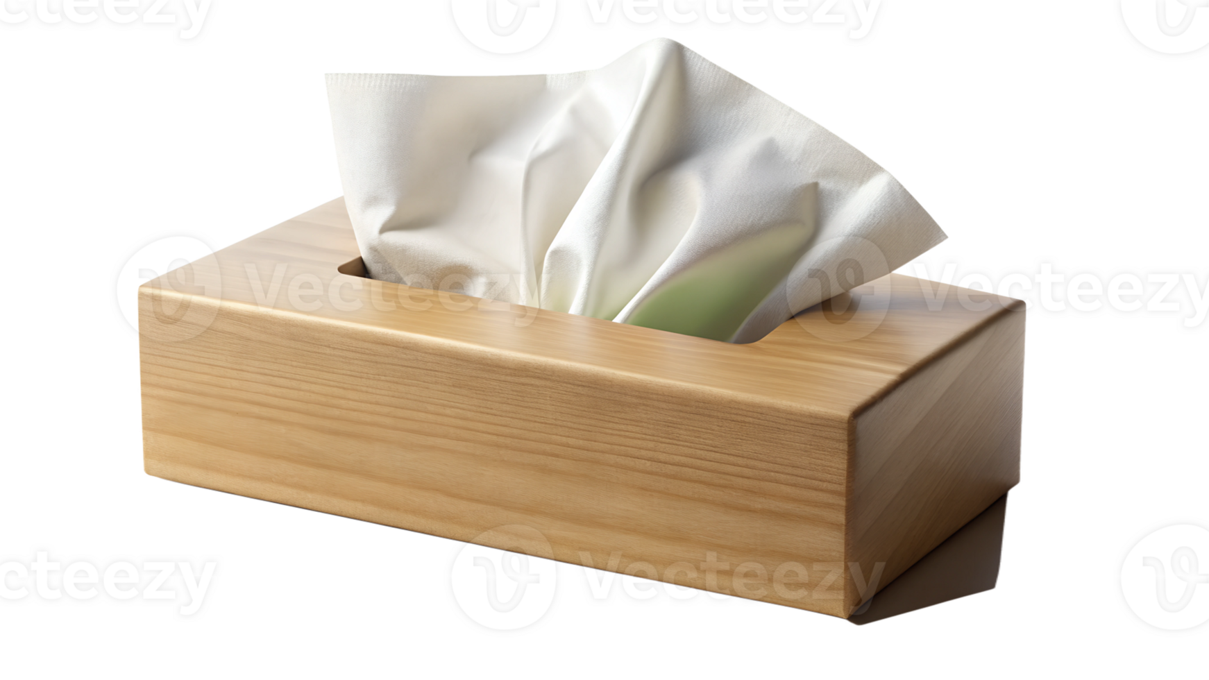 Wooden tissue box with crumpled tissue on display, cut out transparent png