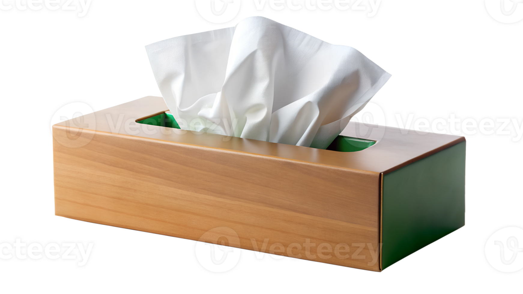 Wooden tissue box with cotton tissues on display, cut out transparent png