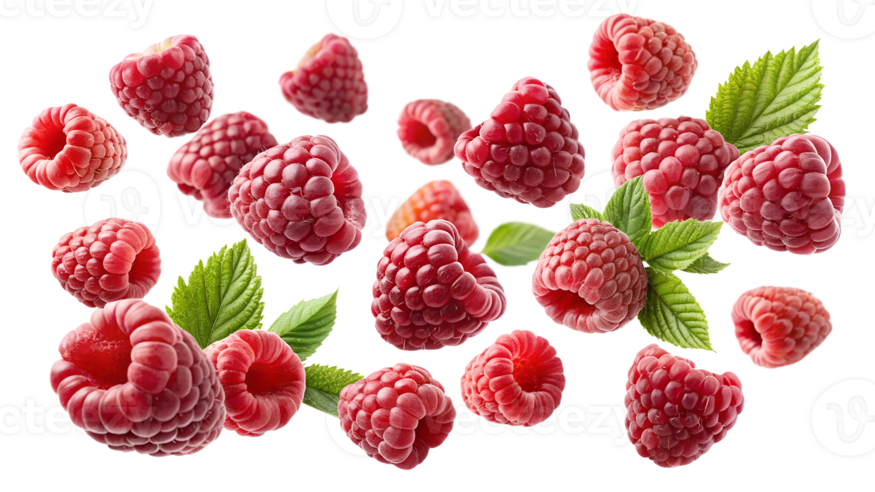 Fresh raspberries scattered with mint leaves, cut out transparent png