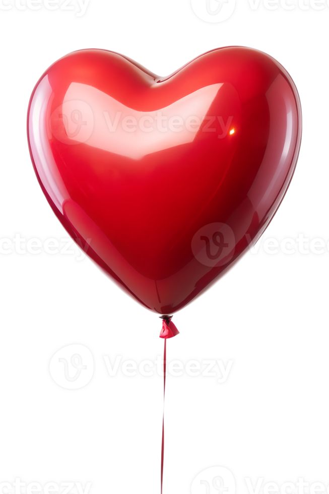 Bright red heart-shaped balloon on a string, cut out transparent png