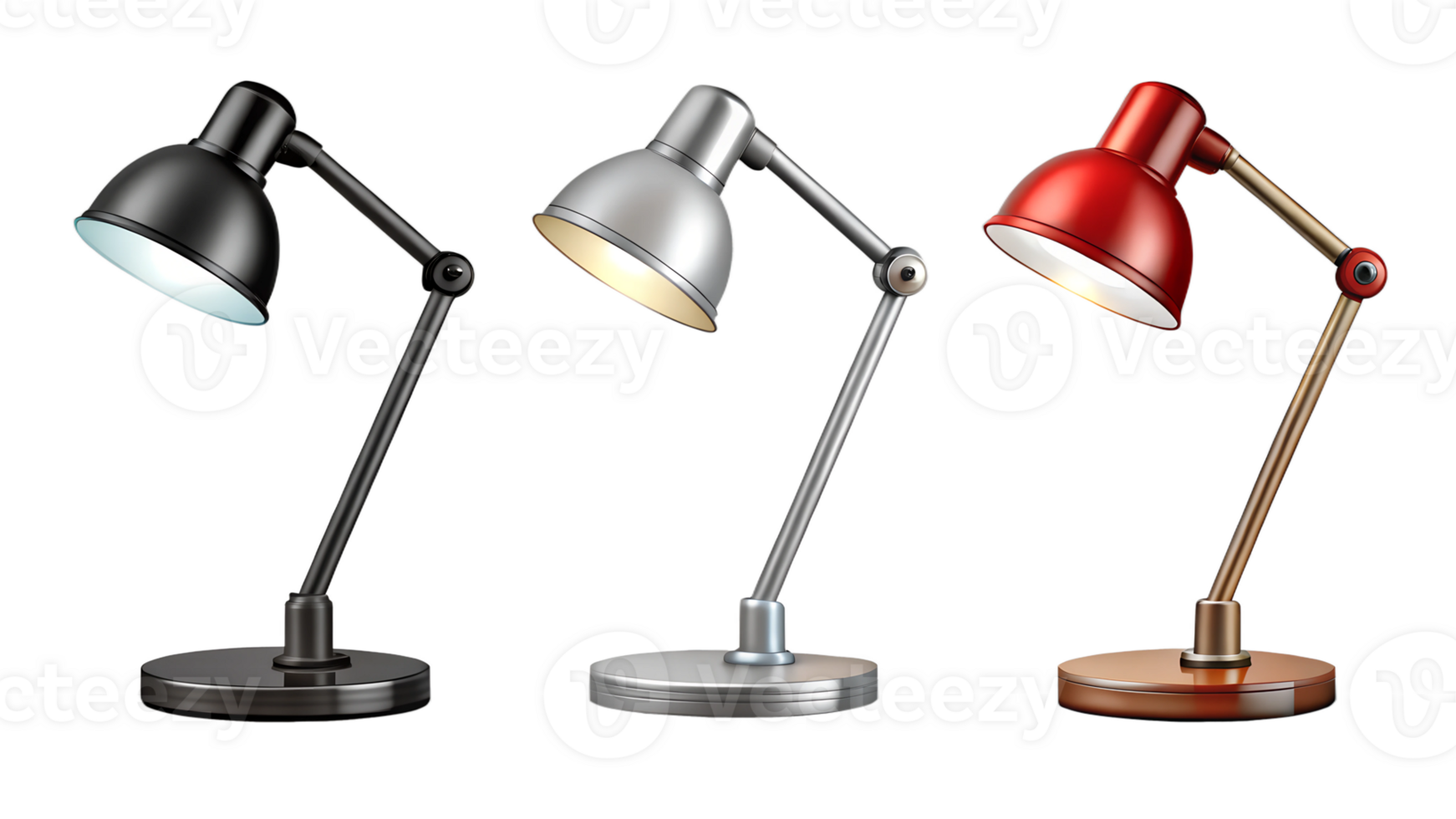 Stylish desk lamps in various colors and finishes, cut out transparent png