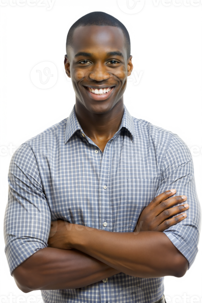 Confident man smiling with arms crossed indoors, cut out transparent png